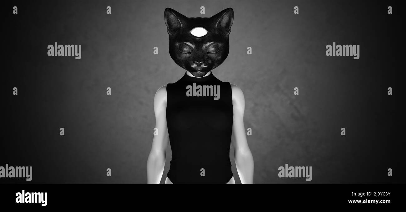 Donna in un Gotico polveroso ferro Cat maschera facciale felino Egitto Bastetto Dea con Mystic terzo occhio nero e bianco 3D rappresentazione illustrazione Foto Stock