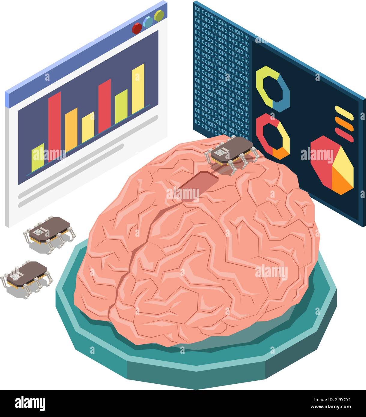 Educazione STEM concetto isometrico composizione icone con immagine del cervello umano con infografica schermate illustrazione vettoriale Illustrazione Vettoriale