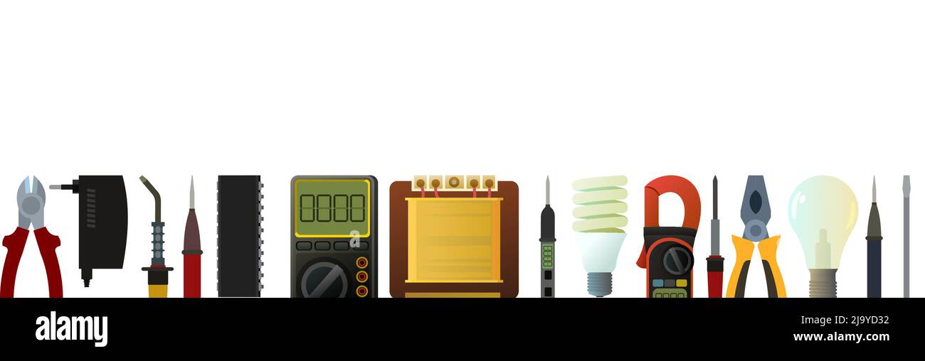 Attrezzi per elettricista. Riparazione di apparecchiature radio elettroniche e a microprocessore. Componenti di ricambio e assistenza. Isolato su sfondo bianco. Bott Illustrazione Vettoriale