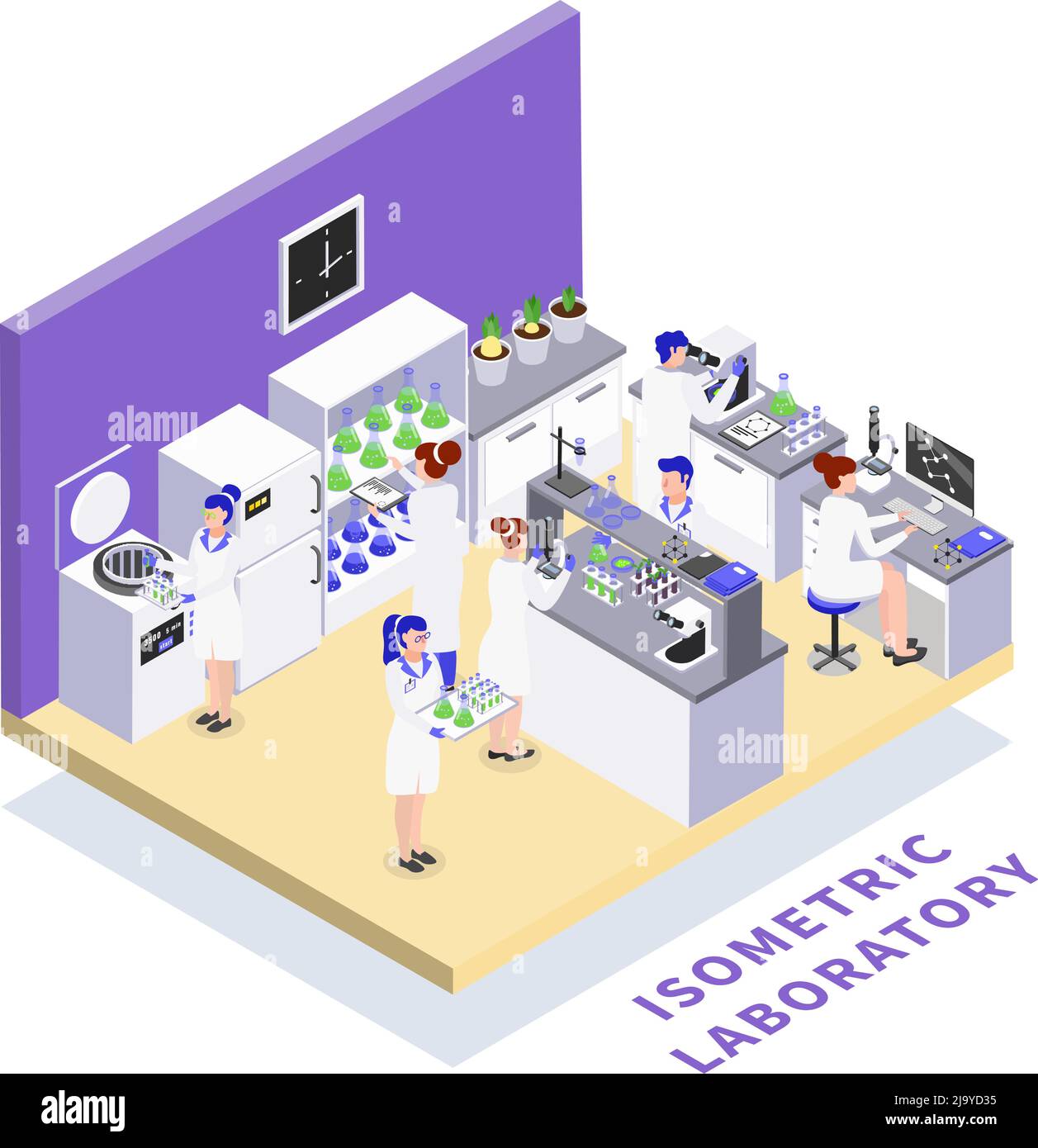 Bioingegneria laboratorio genetica manipolazione del dna ricerca scientifica ogm piante animali creazione di alimenti composizione isometrica illustrazione vettoriale Illustrazione Vettoriale