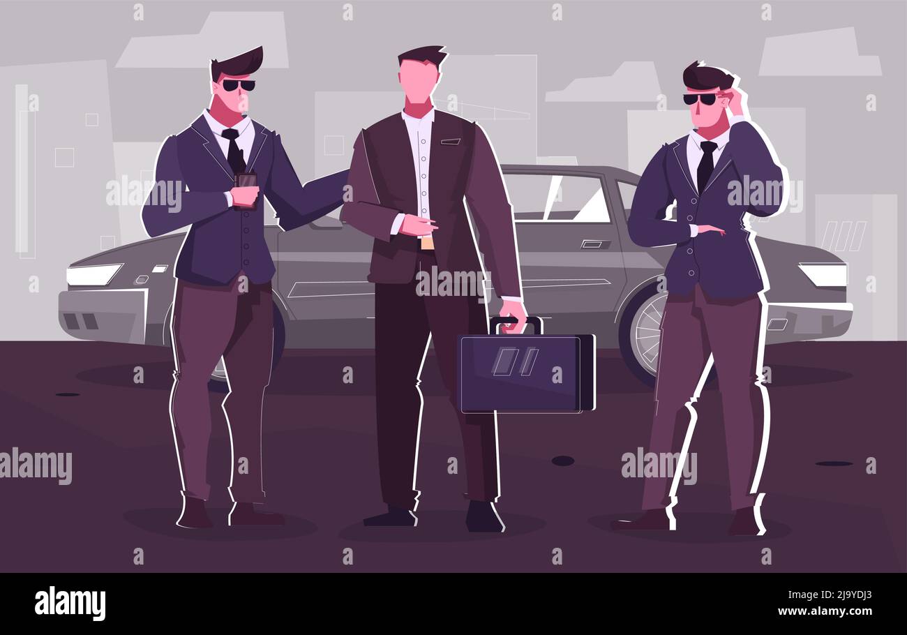 Servizio di sicurezza composizione piatta con uomo d'affari che esce dalla limousine circondata da due guardie del corpo illustrazione vettoriale Illustrazione Vettoriale