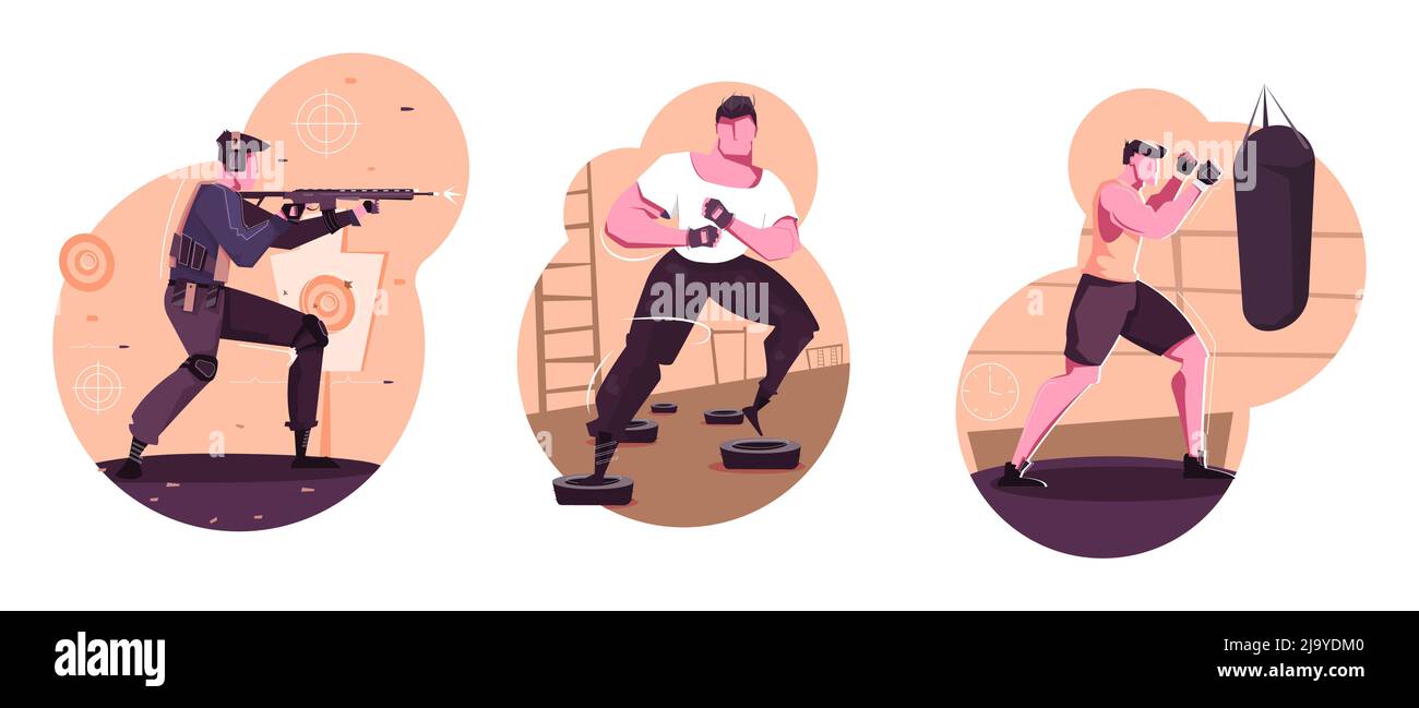 Addestramento militare composizioni isolate insieme di uomini sportivi adulti pugilato tiro combattere flat vettore illustrazione Illustrazione Vettoriale