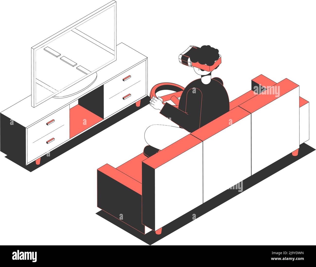 Personaggio con occhiali di realtà virtuale e ruota che gioca gioco di corsa illustrazione vettoriale isometrica Illustrazione Vettoriale