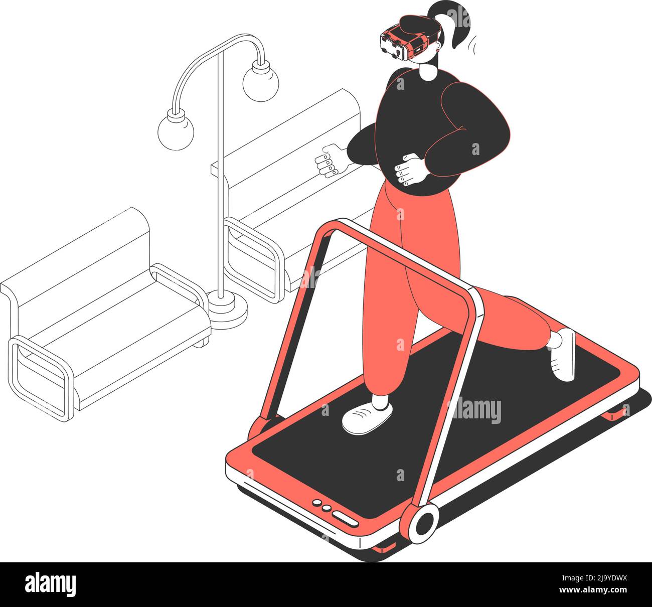 Icona isometrica con donna in occhiali di realtà aumentata su macchina da running illustrazione vettoriale 3d Illustrazione Vettoriale