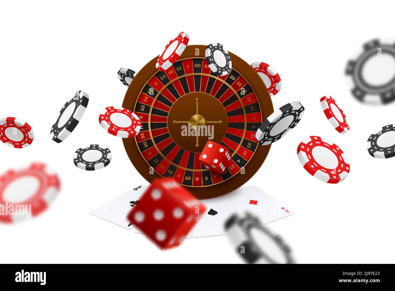 Floating poker club dadi chips roulette giocare carte assi closeup realistico gioco online pubblicità composizione vettore illustrazione Illustrazione Vettoriale