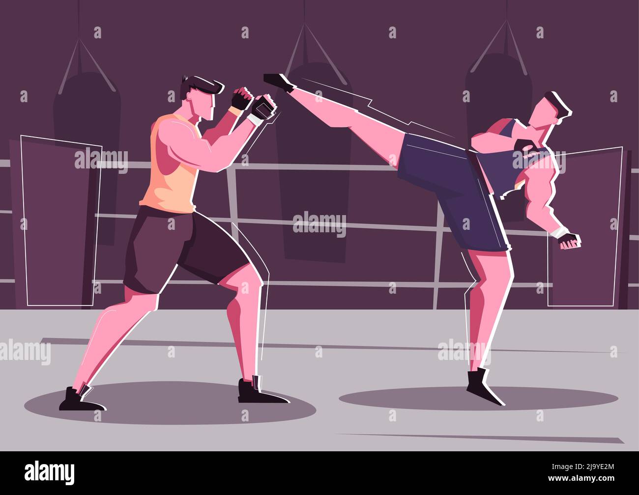 Manifesto piatto da combattimento a mano con due uomini in sport uniforme wrestling in figura vettoriale ad anello Illustrazione Vettoriale