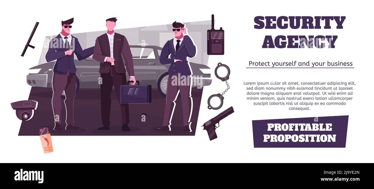 Banner pubblicitario dell'agenzia di sicurezza che fornisce una proposta redditizia per l'illustrazione vettoriale di protezione aziendale Illustrazione Vettoriale