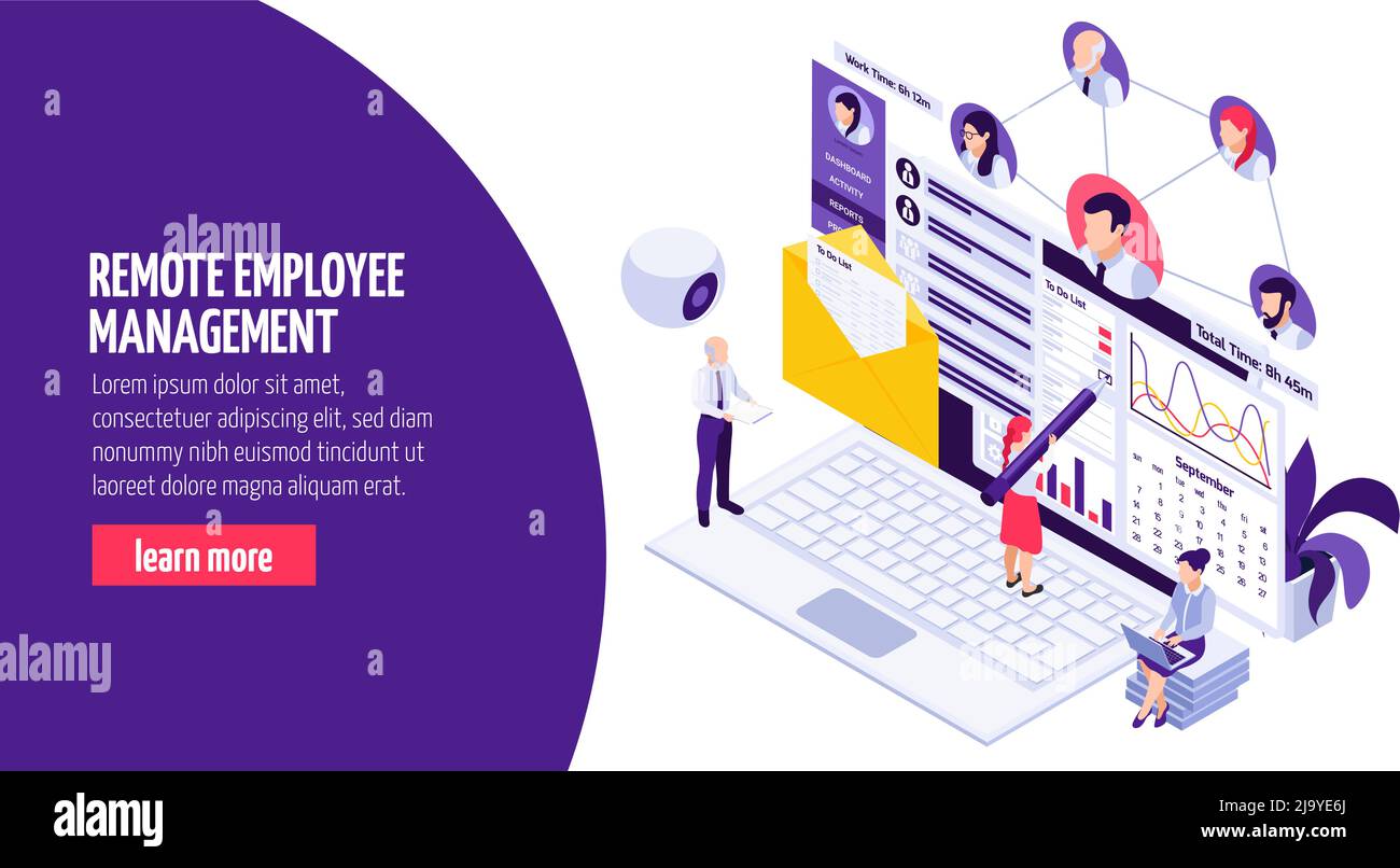 Dipendenti che lavorano in remoto, gestione isometrica della composizione delle pagine Web con risultati dell'avanzamento dell'ora della telecamera, monitoraggio di immagini vettoriali del software Illustrazione Vettoriale