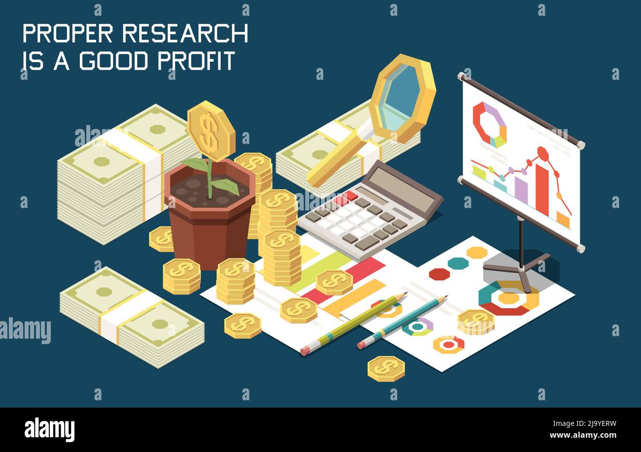 Strategia di marketing concetto sfondo isometrico con immagini da tavolo di calcolatrice pile di monete e carta lavoro illustrazione vettoriale Illustrazione Vettoriale