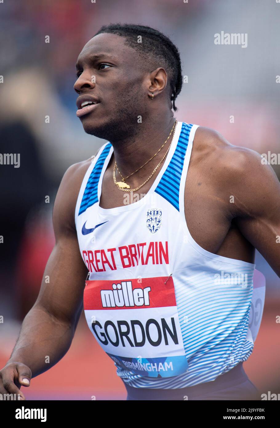 Gordon Scott gareggia nella gara maschile del 100m B alla Birmingham Diamond League, Birmingham Inghilterra, il 12 maggio 2022 a Birmingham, Inghilterra. Foto Stock