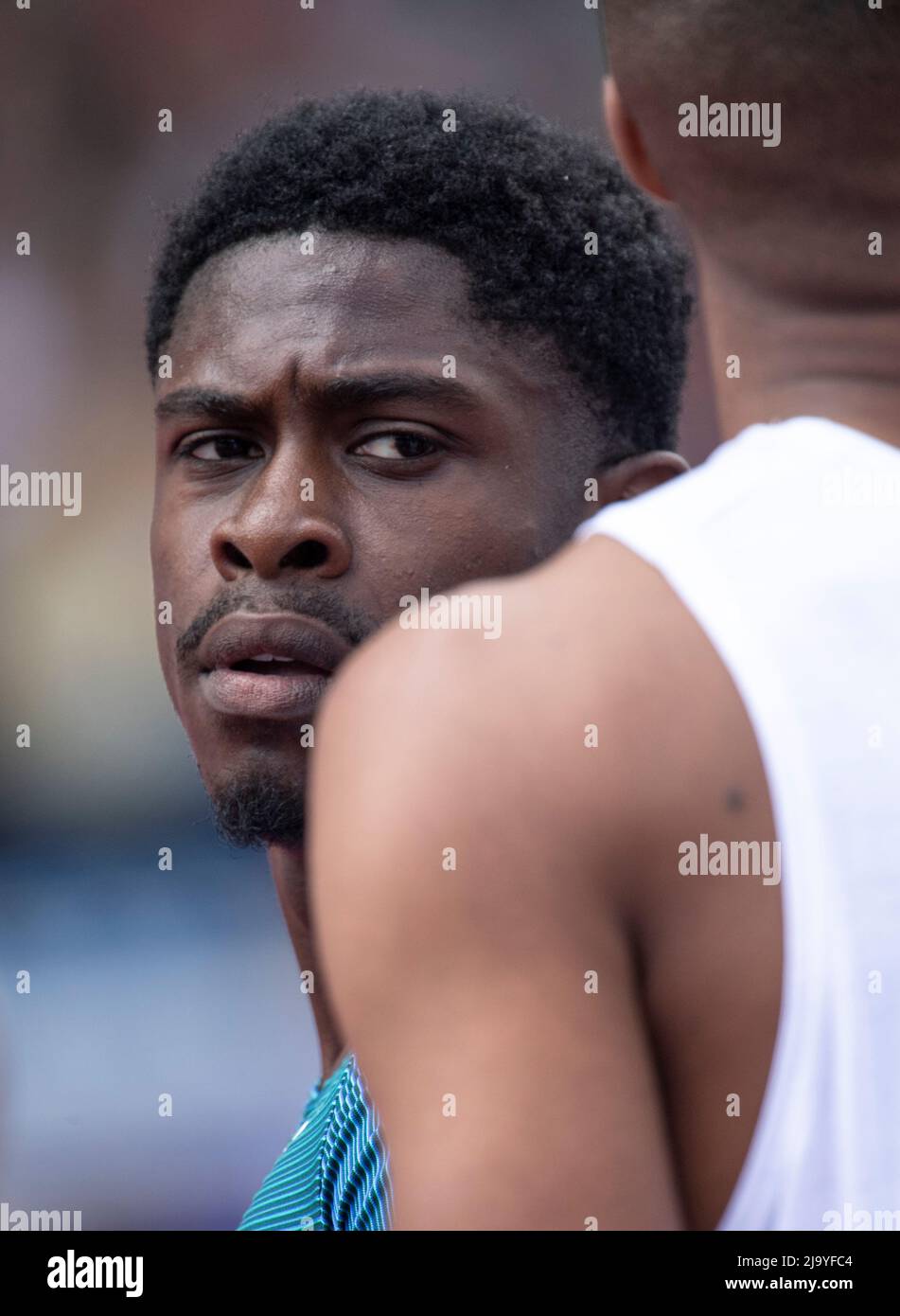 Jeremiah azu gareggia nella gara maschile 100m B alla Birmingham Diamond League, Birmingham Inghilterra, il 12 maggio 2022 a Birmingham, Inghilterra. Foto Stock