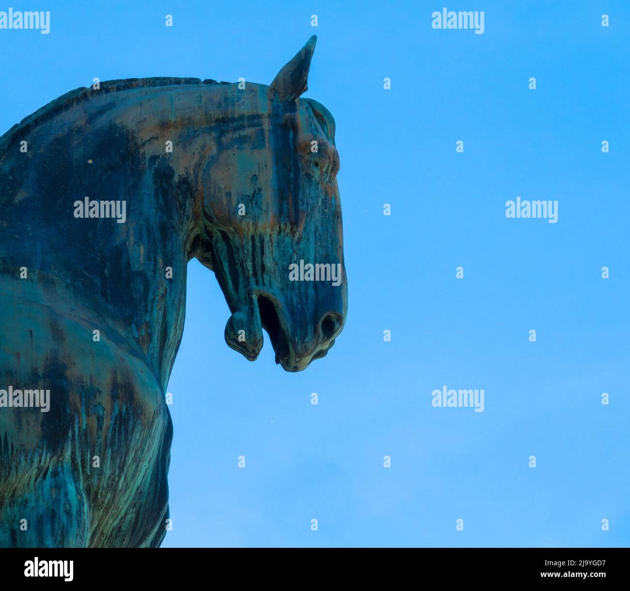 Primo piano di una statua verde di bronzo della testa di un cavallo con sfondo blu cielo e spazio copia. Monumento alla vittoria e alla Pace a Edenkoben, Renania-Palatina Foto Stock