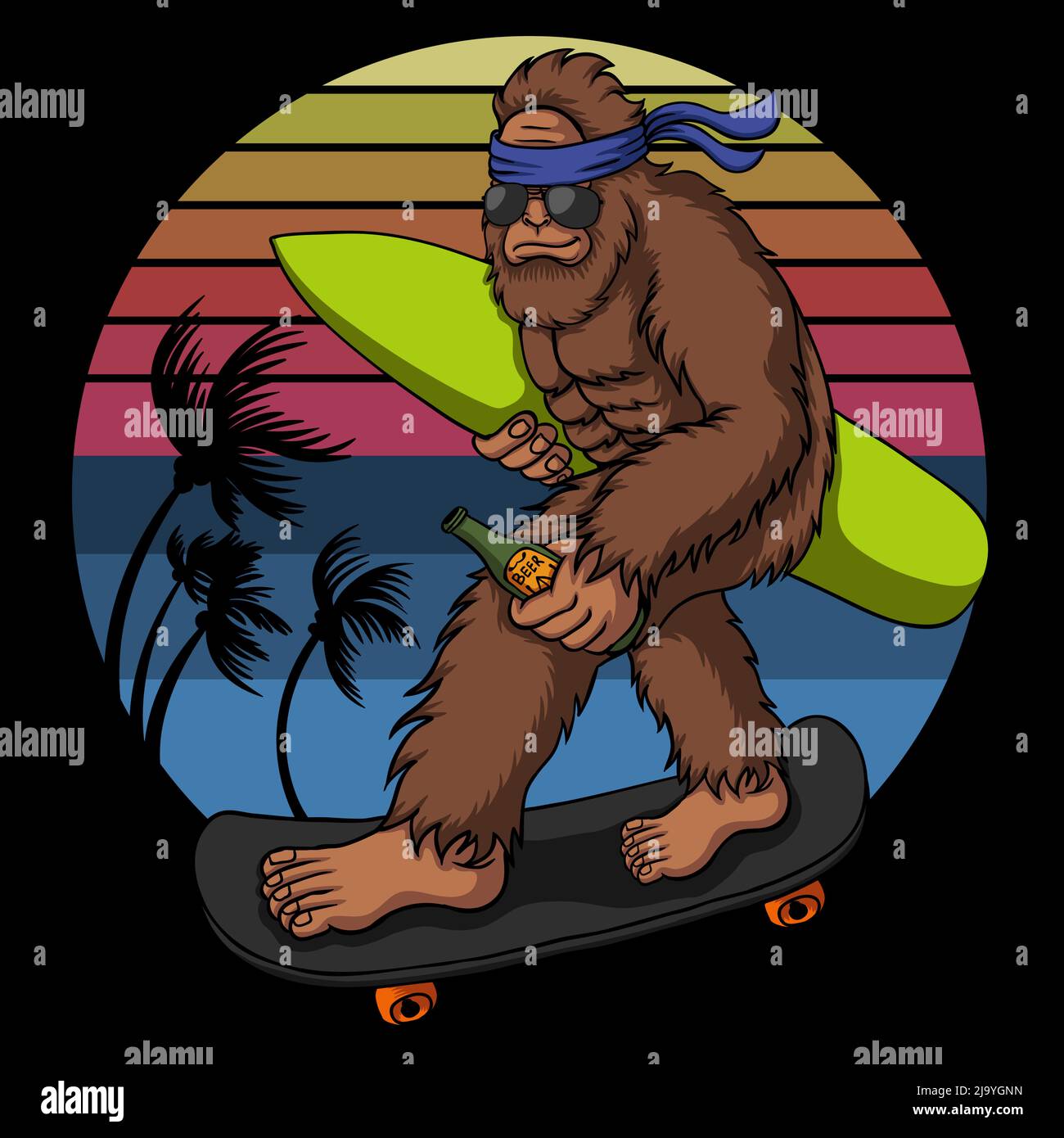 Bigfoot è skateboard per la spiaggia vettore illustrazione Illustrazione Vettoriale