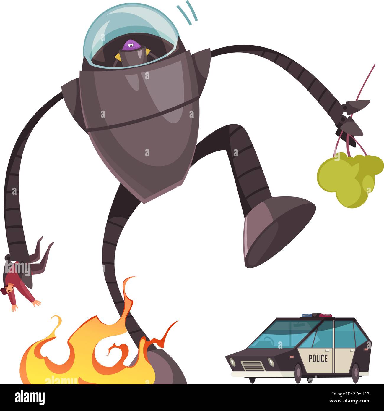 Alieno male in robot macchina che attacca le persone e cartoni animati città illustrazione vettoriale Illustrazione Vettoriale
