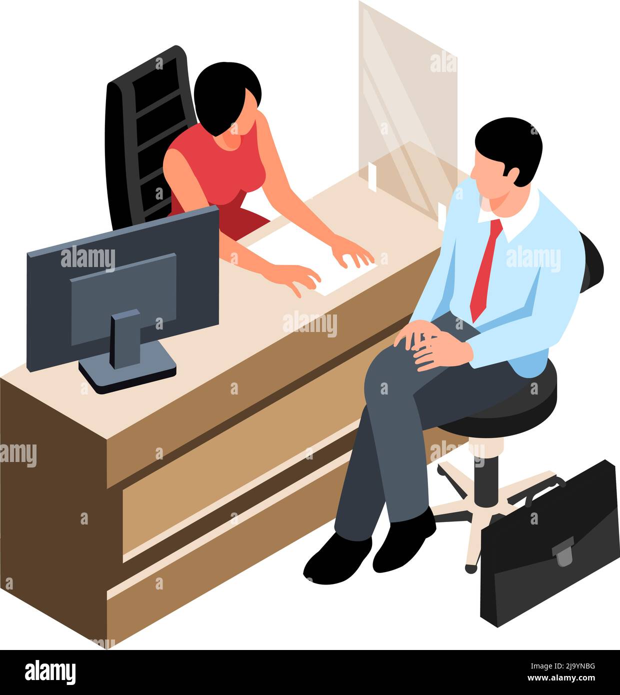 Composizione isometrica della banca con il personaggio del cliente seduto al banco con illustrazione vettoriale dell'impiegato di lavoro Illustrazione Vettoriale