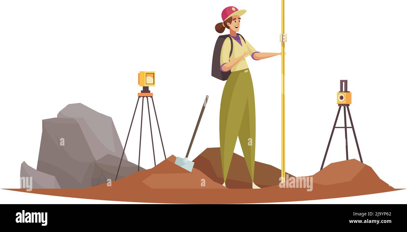 Composizione geologa con carattere femminile che lavora con le bussole di transito su cavalletto supporti illustrazione vettoriale Illustrazione Vettoriale