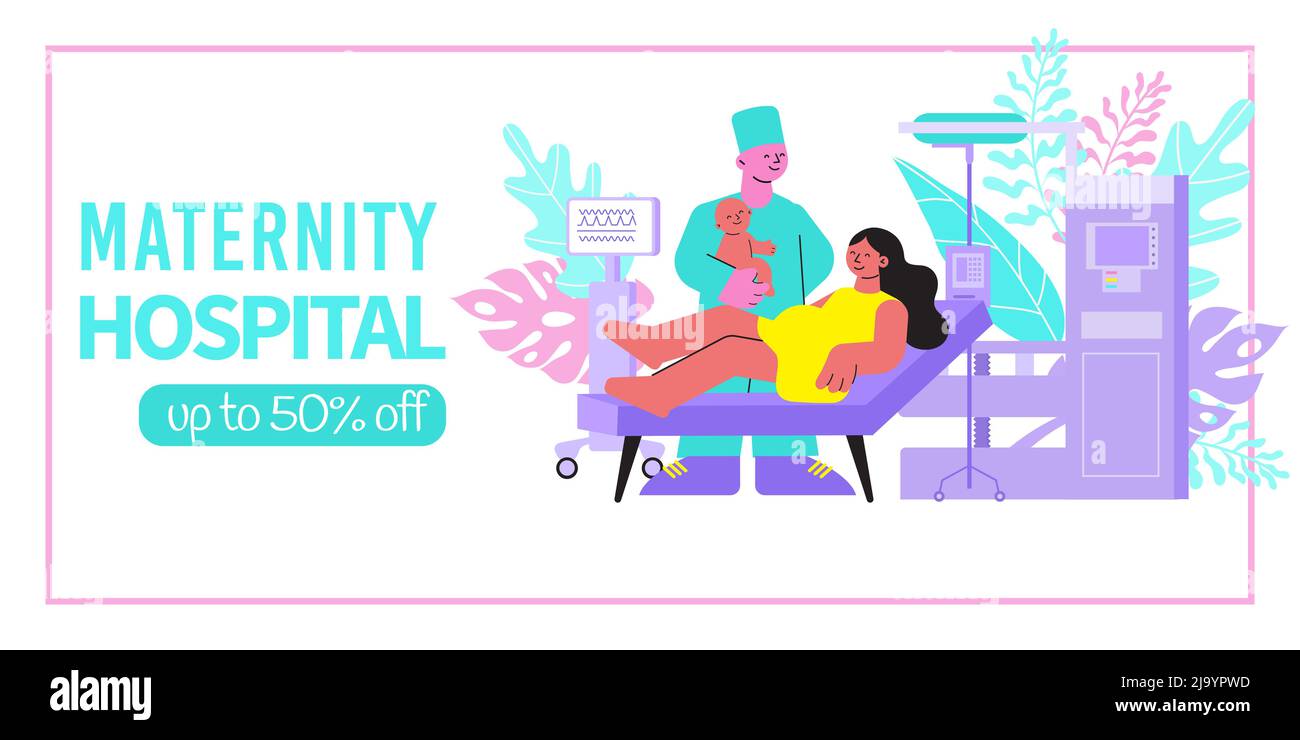 Banner orizzontale dell'ospedale di maternità con sconto di testo modificabile e immagini piatte della madre in figura vettore Illustrazione Vettoriale