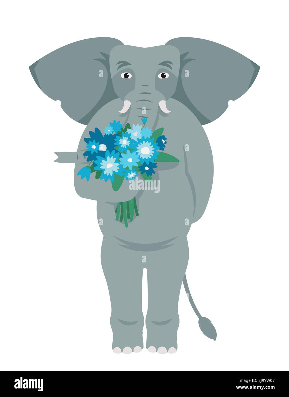 Elefante che contiene bouquet di fiori. Animale in stile cartone animato. Illustrazione Vettoriale