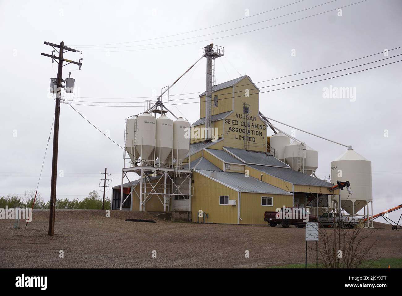 Silos di grano e la fabbrica di lavorazione delle sementi, Vulcan, Alberta Foto Stock Silos di grano e la fabbrica di lavorazione delle sementi, Vulcan, Alberta Foto Stock