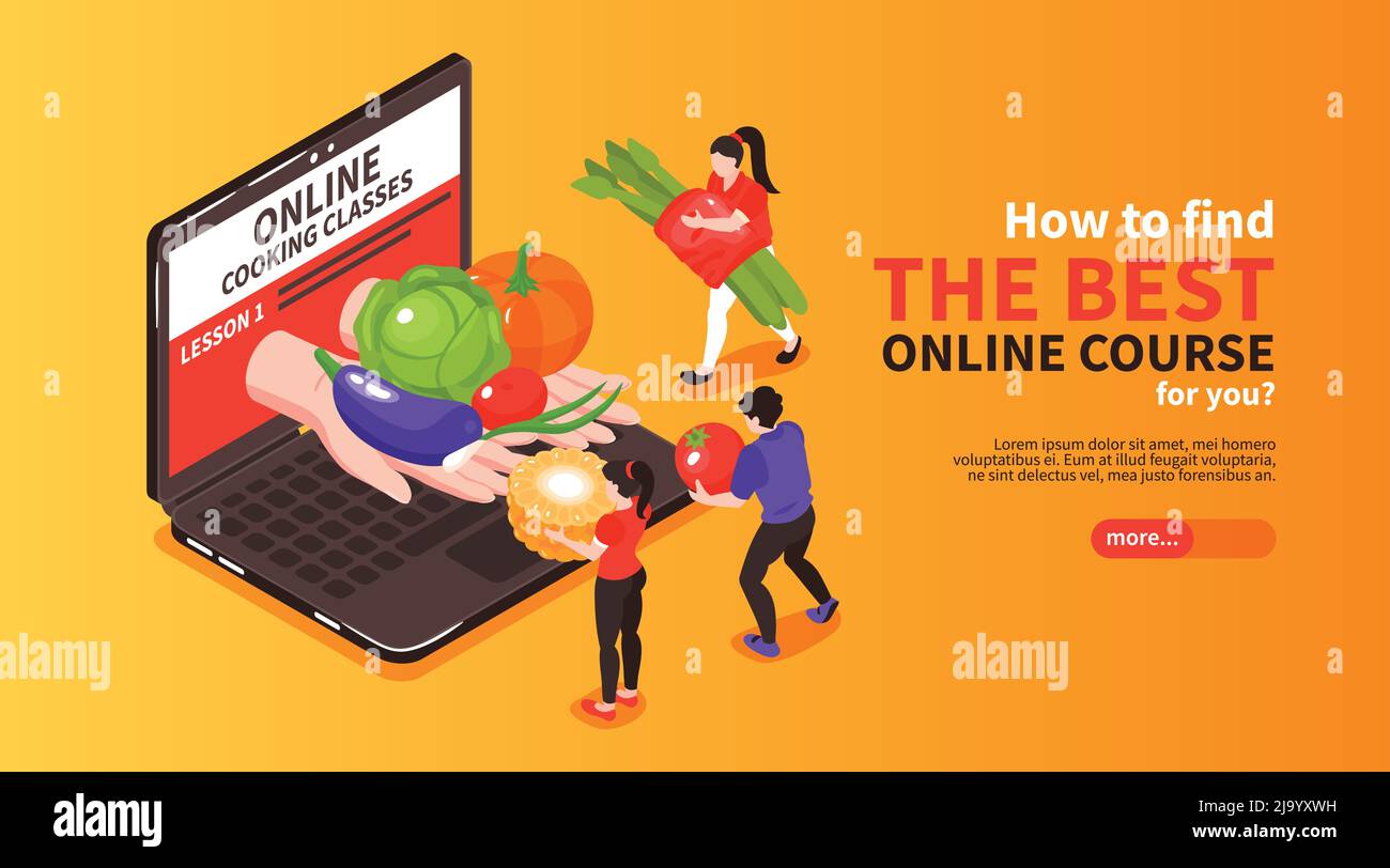 Scelta della scuola di cucina masterclass lezioni on-line isometrico orizzontale web banner con ingredienti freschi su laptop vettoriale illustrazione Illustrazione Vettoriale