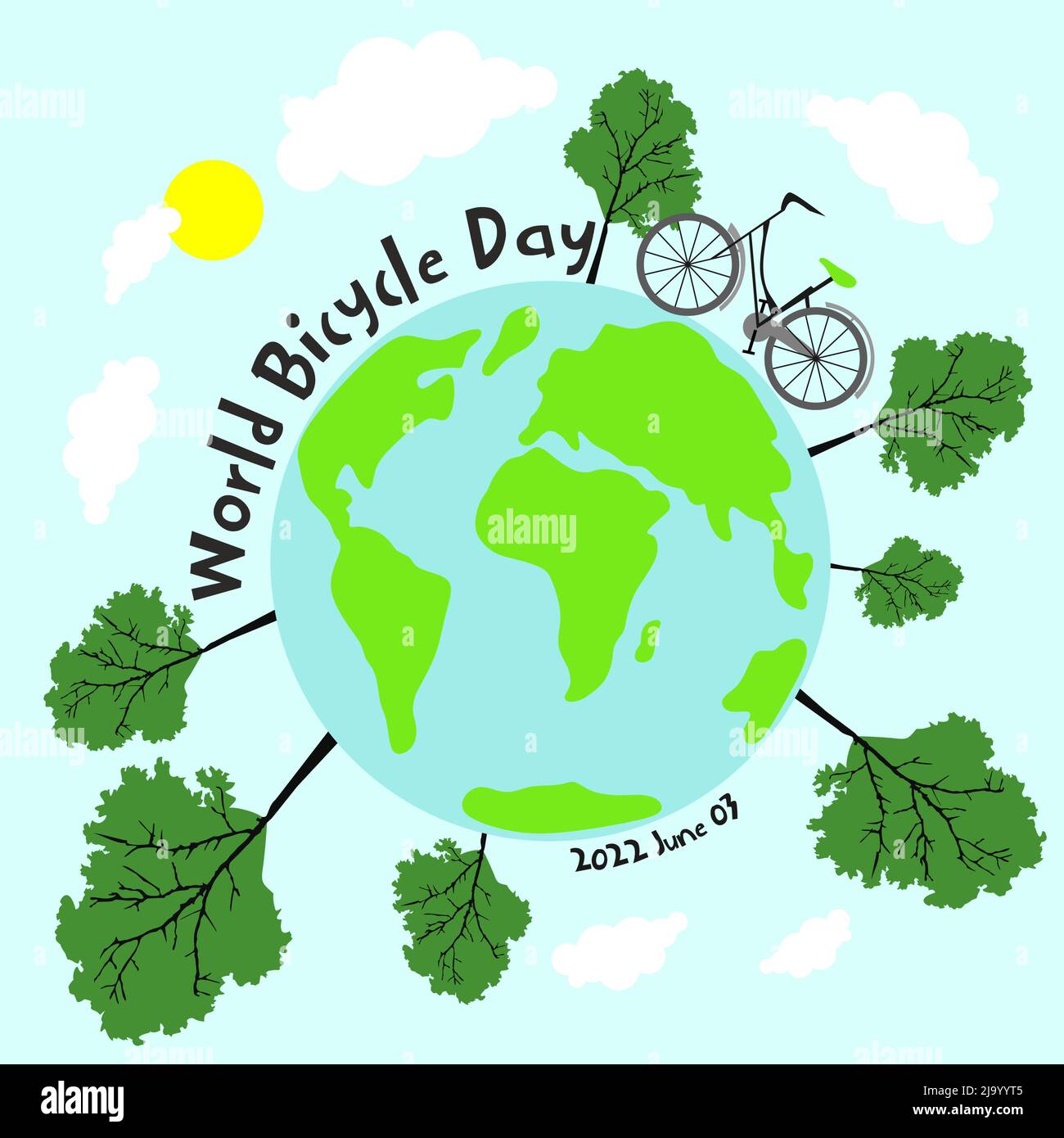 3rd giugno modello della Giornata Mondiale della bicicletta per banner, biglietti d'auguri, Logo, Mnemonic, Symbol, Illustrazione della progettazione di icone, etichette, banner o poster Illustrazione Vettoriale