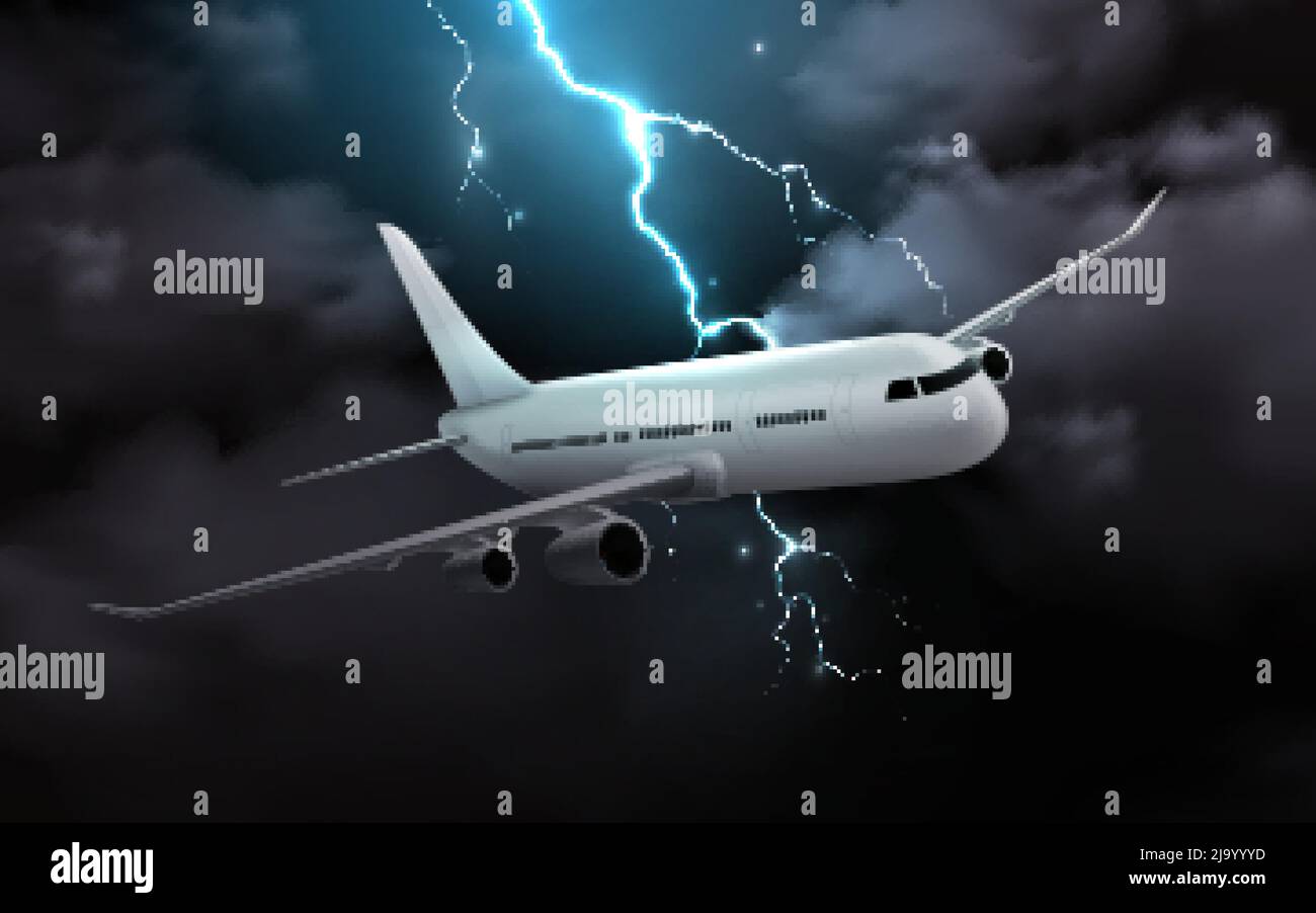 Aereo notte tempesta composizione realistica con l'immagine del getto del passeggero in nubi tuontempesta con l'immagine thunderbolt vettore di illustrazione Illustrazione Vettoriale