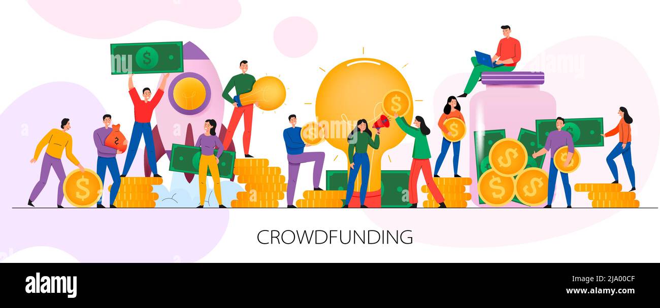 Crowdfunding con i simboli di raggiungimento degli obiettivi e di successo piatta illustrazione vettoriale orizzontale Illustrazione Vettoriale