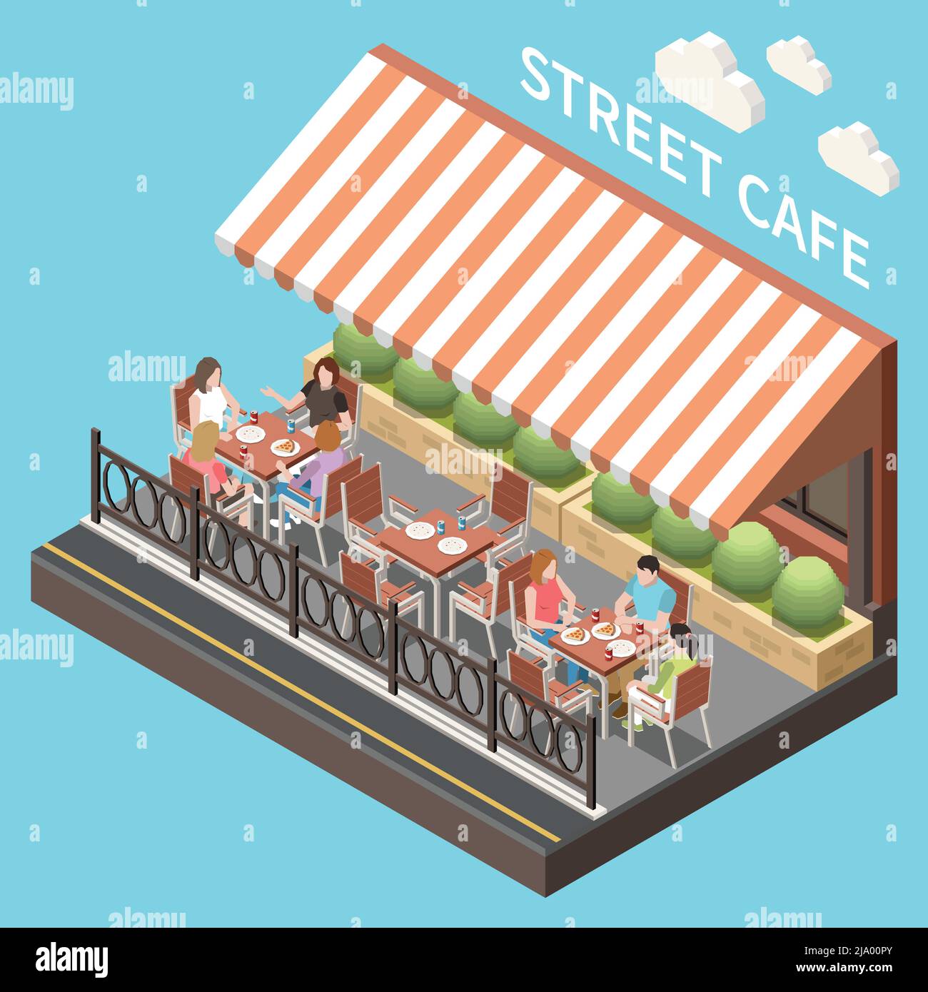 Composizione colorata e isometrica della caffetteria sulla strada, terrazza estiva aperta con illustrazione vettoriale degli ospiti Illustrazione Vettoriale