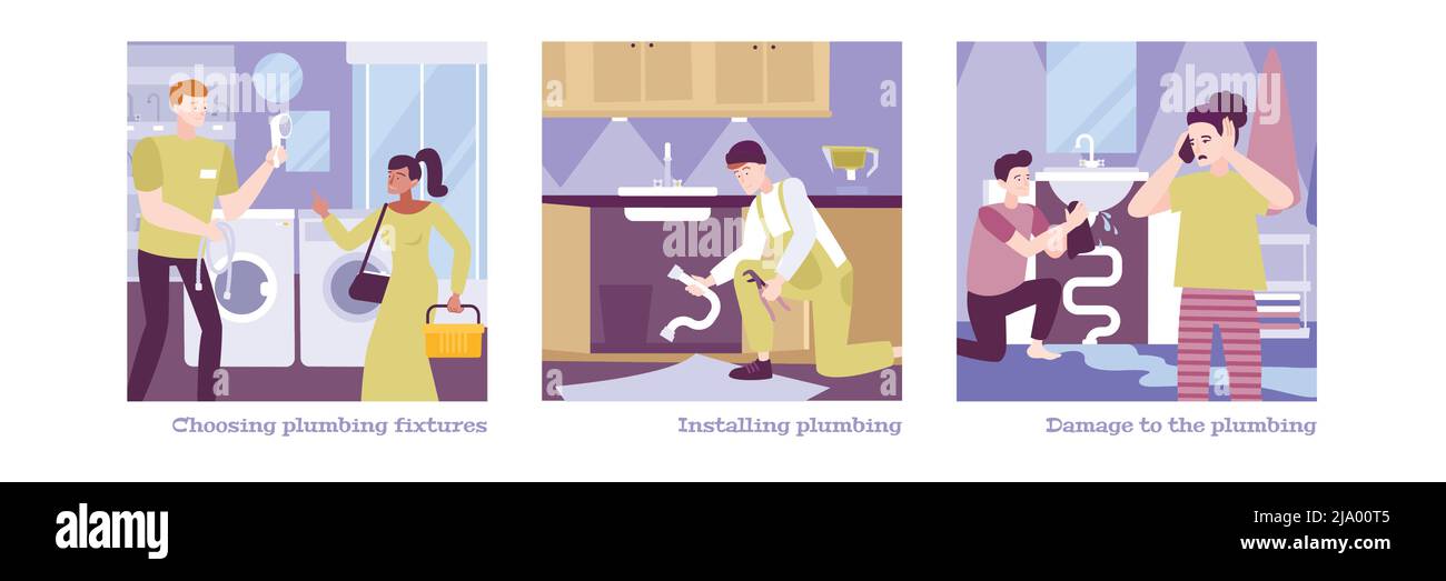 Impianto idraulico di tre composizioni quadrate con caratteri umani piatti di clienti e idraulici al lavoro illustrazione vettoriale Illustrazione Vettoriale