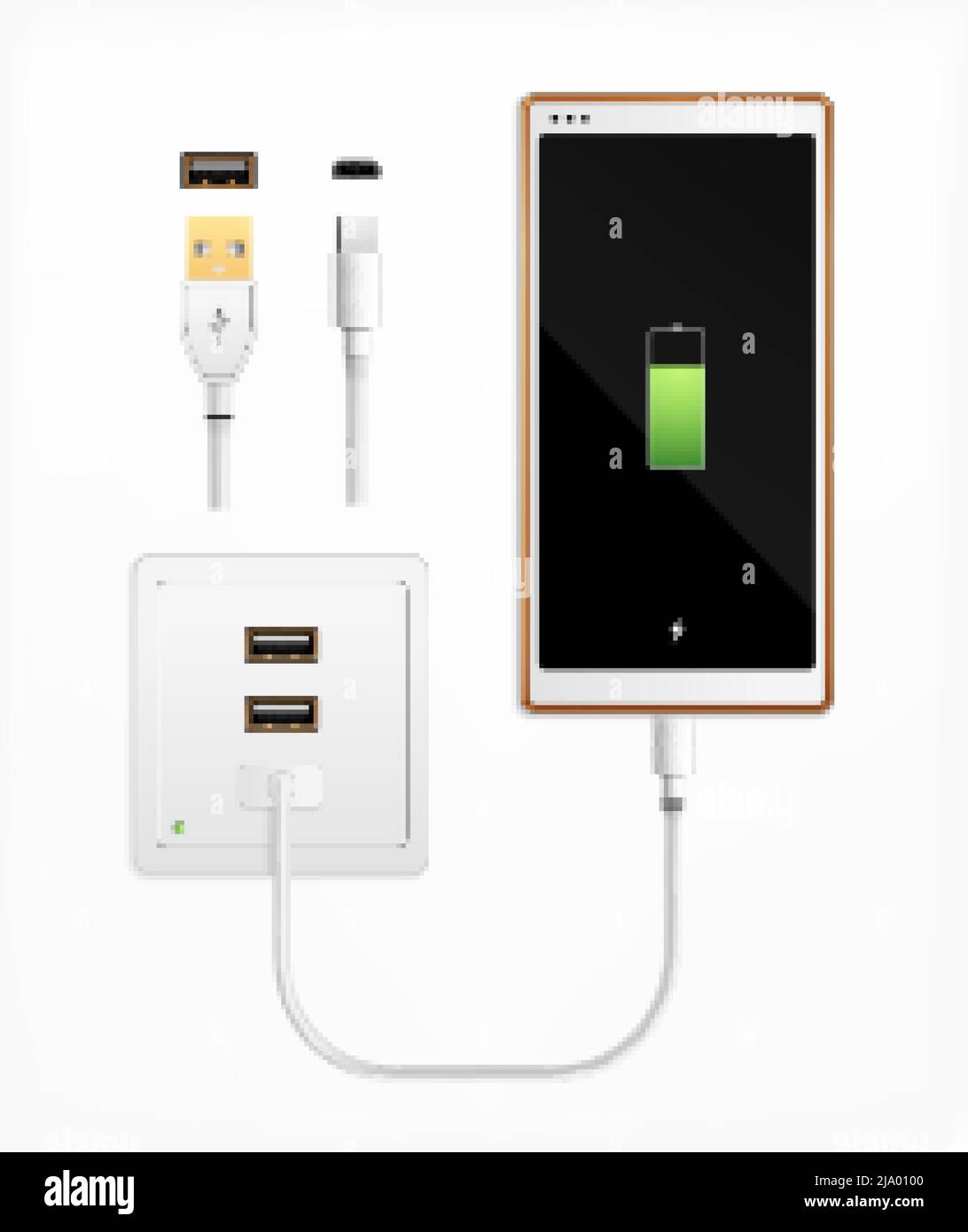 Usbport plug in Charge composizione realistica con set di connettori per cavo isolati, porte, presa e illustrazione vettoriale per smartphone Illustrazione Vettoriale