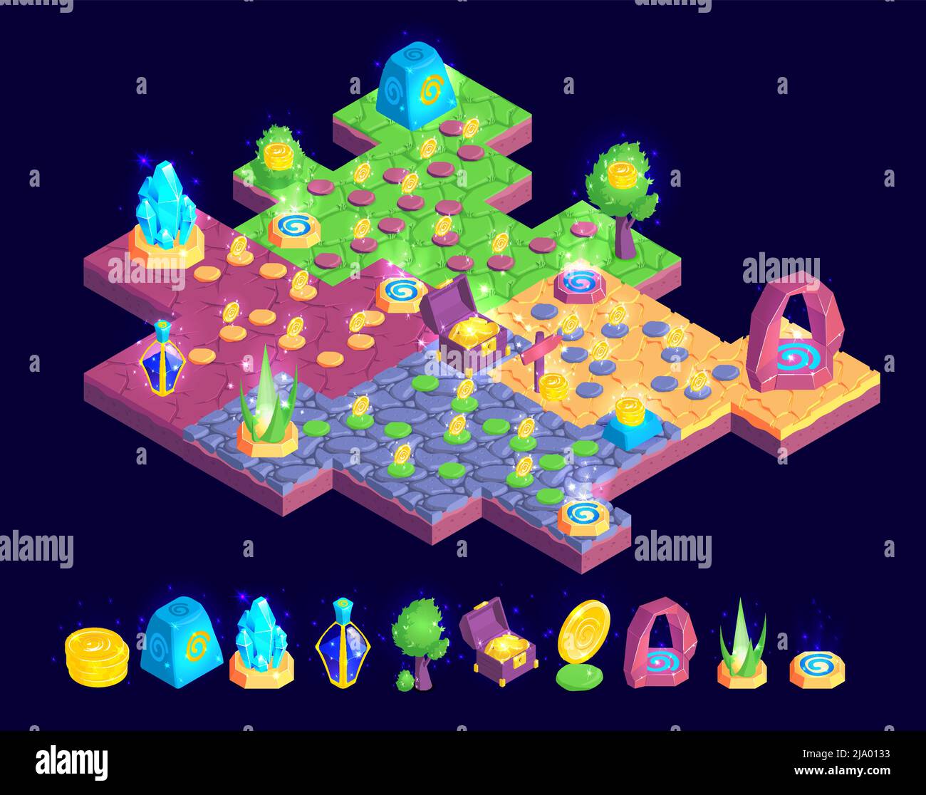 Composizione del paesaggio di gioco isometrica con pezzo di mappa di gioco colorata con alberi pietre e tesori gilet illustrazione vettoriale Illustrazione Vettoriale