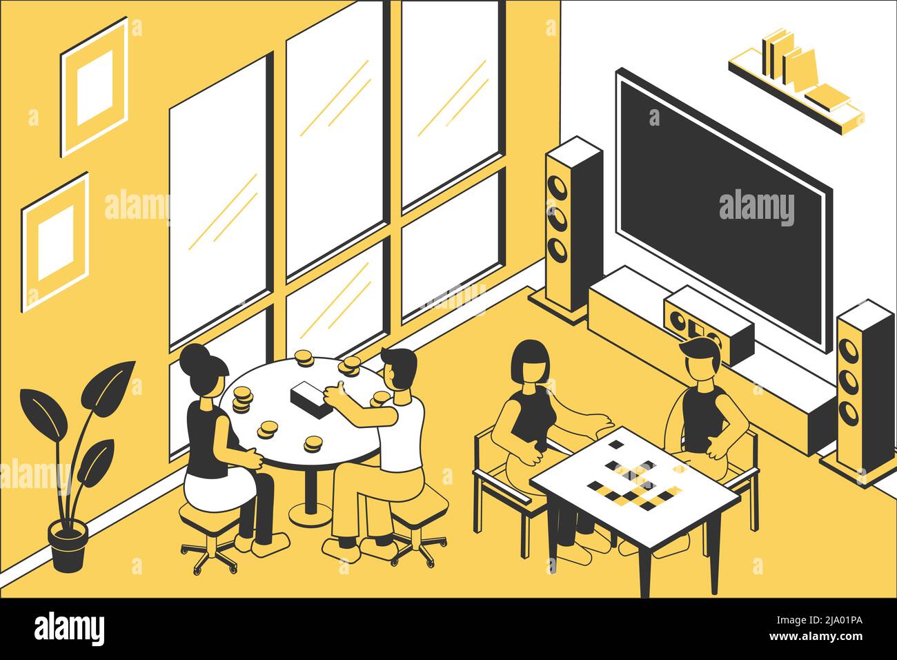 Due coppie che giocano giochi da tavolo camera isometrica vista interna angolo con home cinema set illustrazione vettoriale Illustrazione Vettoriale