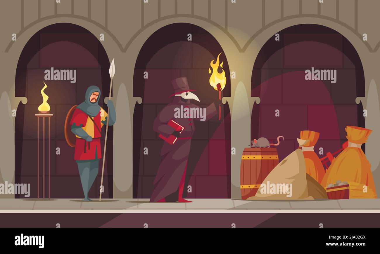 Popolazione medievale composizione guaritrice peste con due persone nei corridoi di un castello medievale illustrazione vettoriale Illustrazione Vettoriale