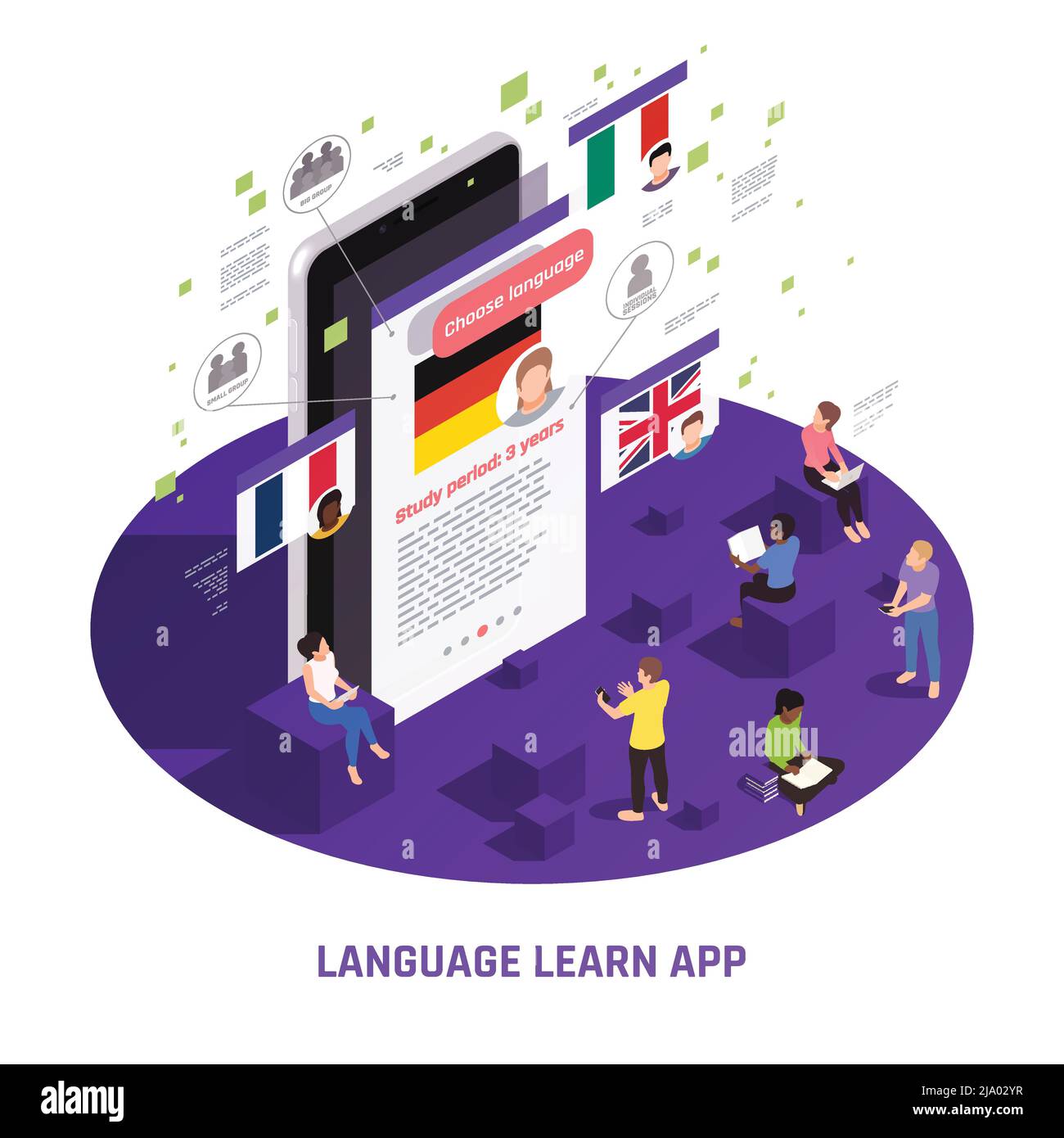 Applicazione per l'apprendimento delle lingue per pc tablet composizione isometrica mobile con studenti che praticano l'inglese francese italiano illustrazione vettoriale Illustrazione Vettoriale