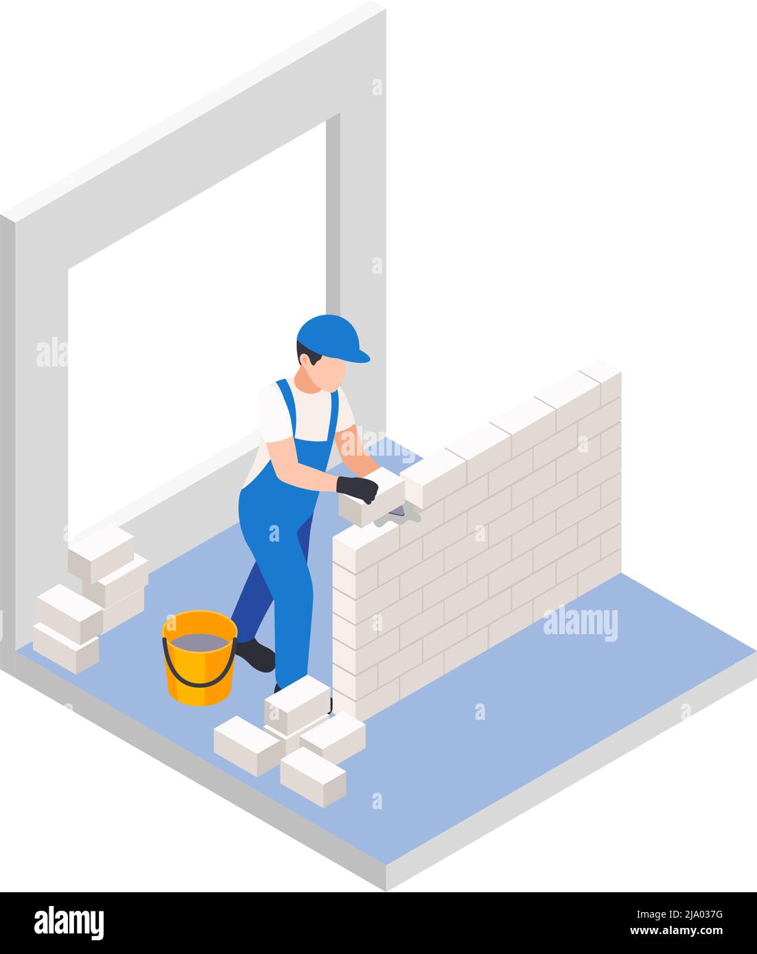 Lavori di riparazione di ristrutturazione composizione isometrica con i mattoni di posa del lavoratore per la nuova illustrazione vettoriale della parete Illustrazione Vettoriale