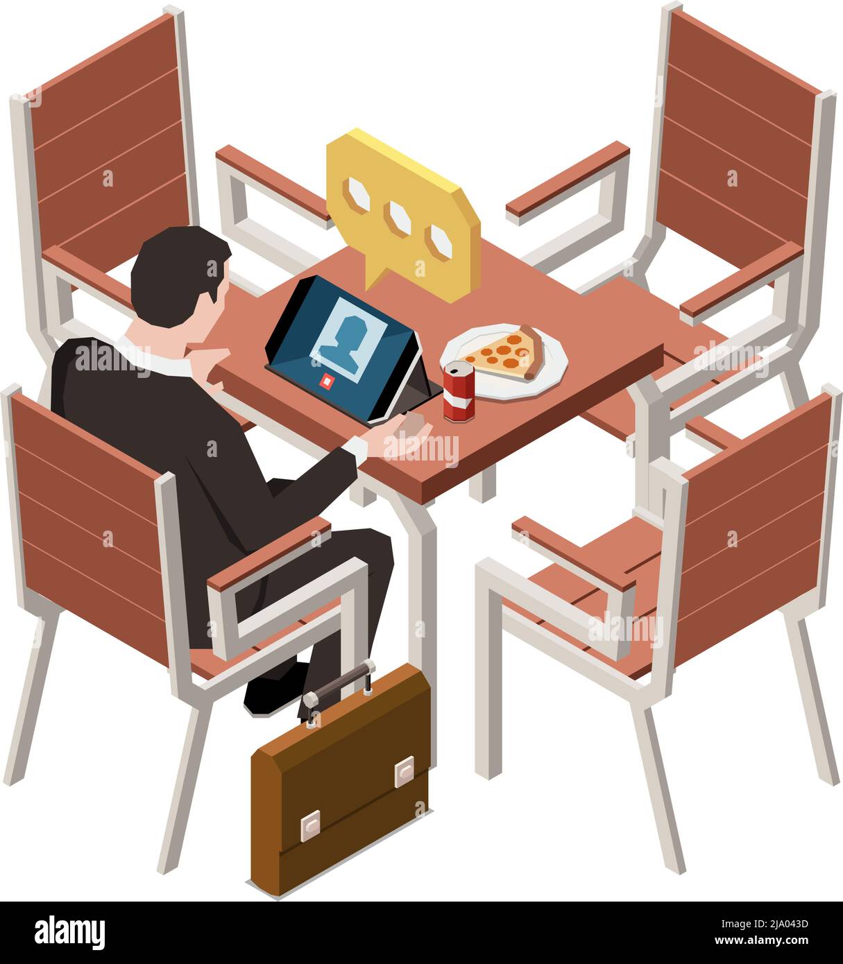 Chiacchierare la gente composizione isometrica con il carattere di uomo d'affari al tavolino del caffè con il laptop che esegue l'illustrazione del vettore di chiamata vocale Illustrazione Vettoriale