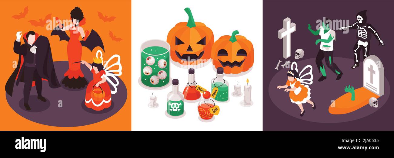 Concetto isometrico di halloween party design con composizioni quadrate di funky personaggi in costumi con pozioni zucche illustrazione vettoriale Illustrazione Vettoriale