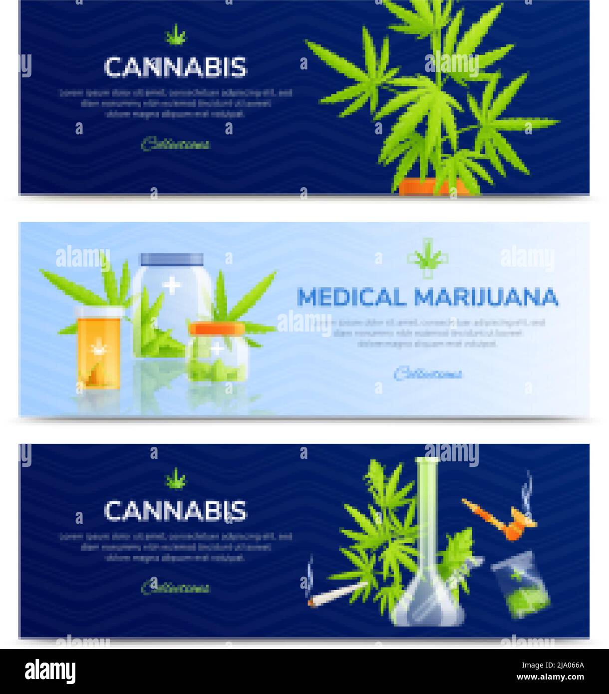 Striscioni orizzontali di marijuana medica insieme piatto isolato illustrazione vettoriale Illustrazione Vettoriale