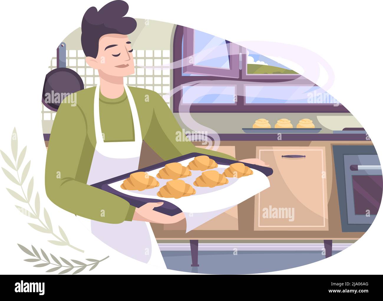 Composizione piatta del panificio con vista della cucina e del vassoio porta uomo con illustrazione vettoriale dei croissant Illustrazione Vettoriale