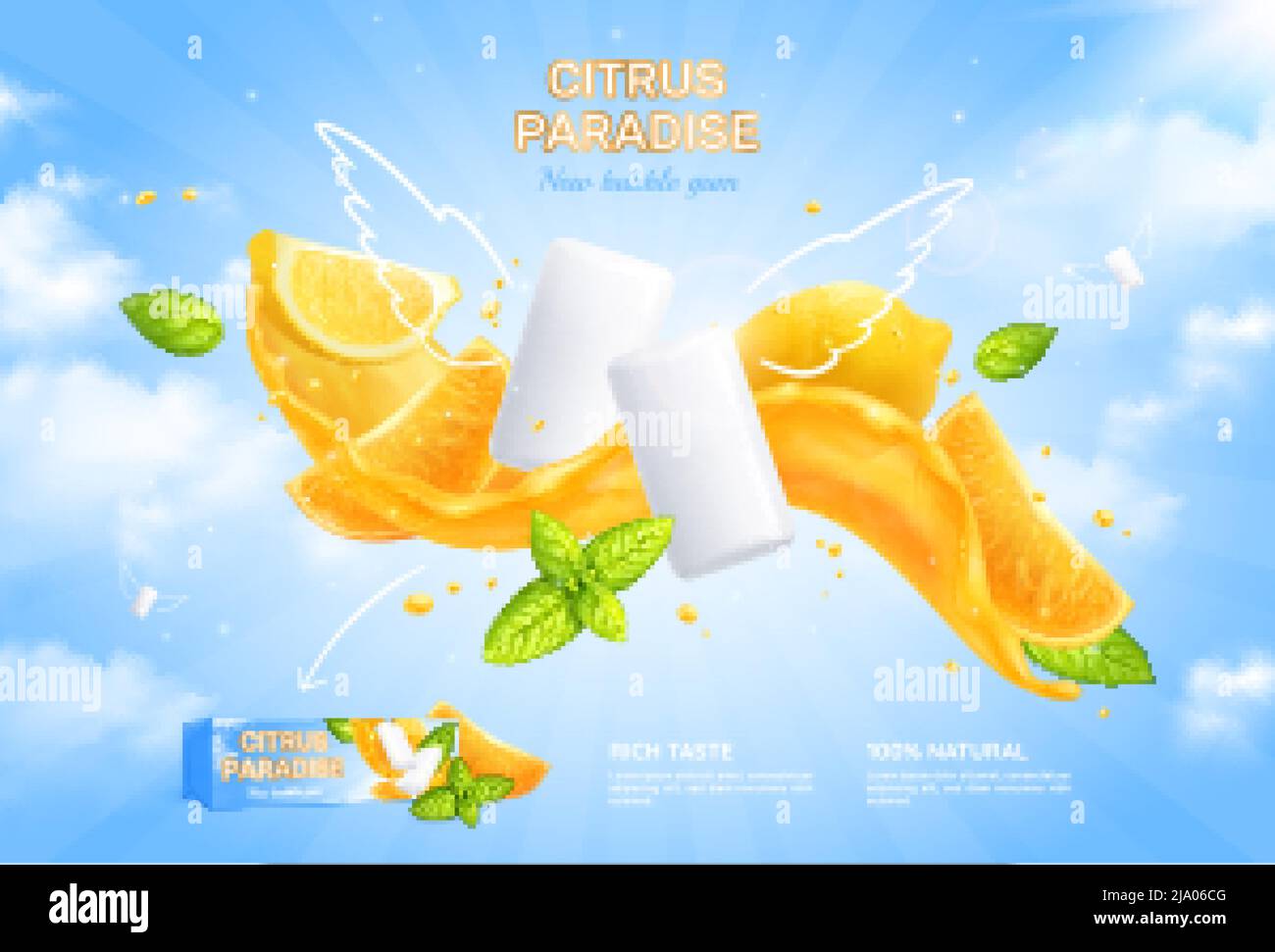 Manifesto realistico di gomma di bolla con i simboli del paradiso degli agrumi illustrazione vettoriale Illustrazione Vettoriale