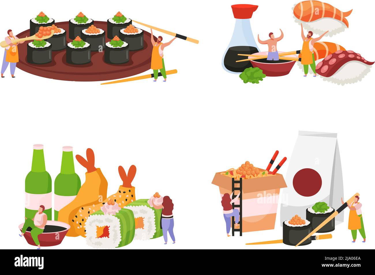 Set di icone colorate piatte di sushi con piatto pieno di gamberetti maki grande tempura e illustrazione vettoriale del servizio di consegna del cibo del giappone Illustrazione Vettoriale