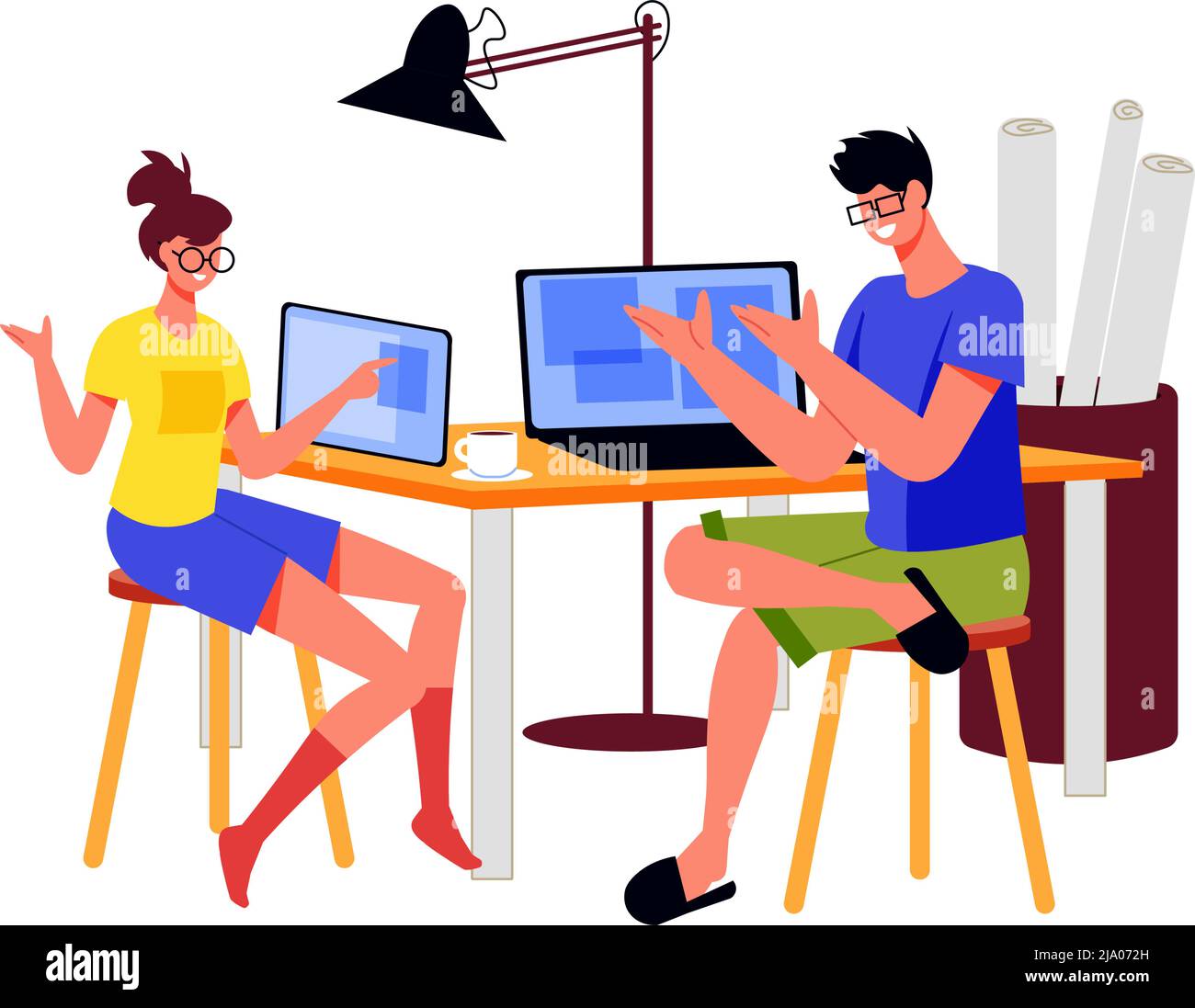 Le persone freelance lavorano composizione con due architetti seduti al tavolo di casa con computer e bozze illustrazione vettoriale Illustrazione Vettoriale
