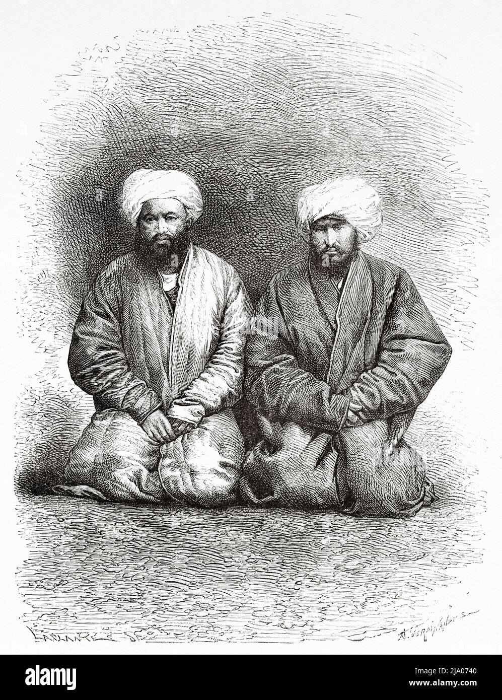 Due mendicanti. Uzbekistan, Asia centrale. Da Orenburg a Samarcanda 1876-1878 di Madame Marie Ujfalvy-Bourdon, le Tour du Monde 1879 Foto Stock