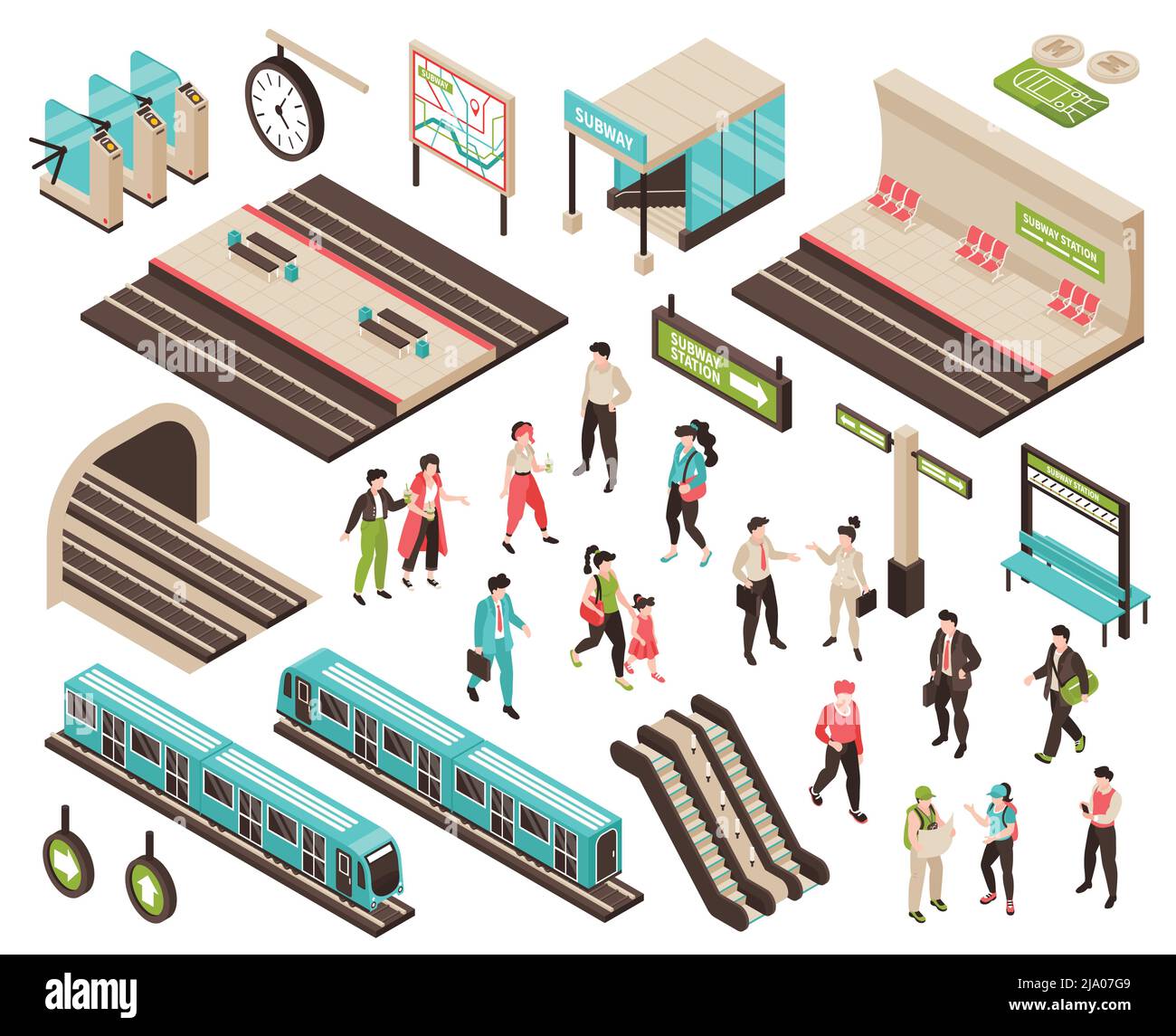 Le persone isometriche della metropolitana sono impostate con caratteri isolati di passeggeri in attesa icone di treni piattaforme e scale mobili illustrazione vettoriale Illustrazione Vettoriale