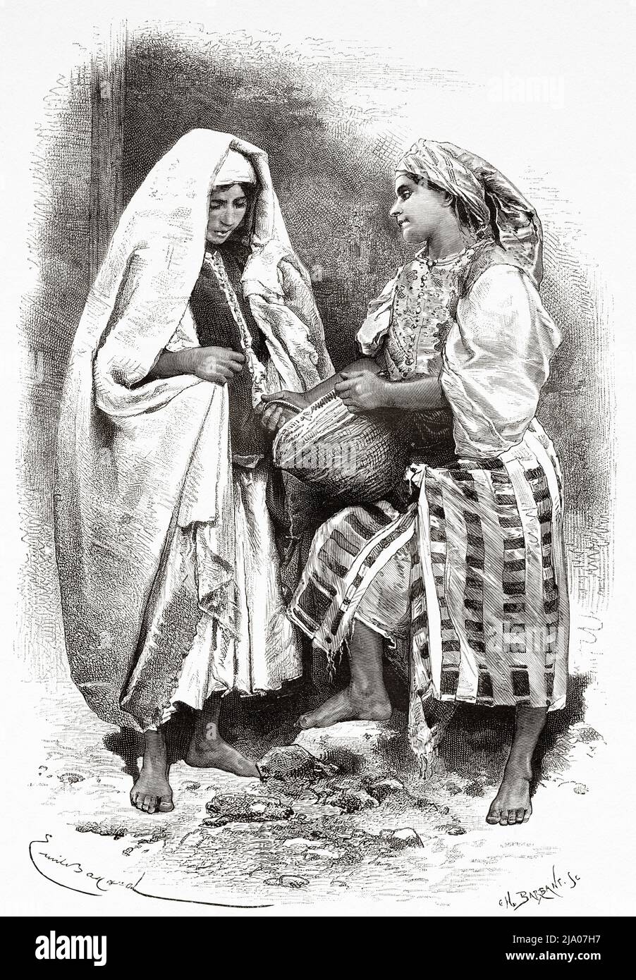 Donne arabe rurali vestite con abbigliamento tradizionale marocchino, Marocco. Nord dell'Africa. Marocco di Edmondo de Amicis 1875. Le Tour du Monde 1879 Foto Stock