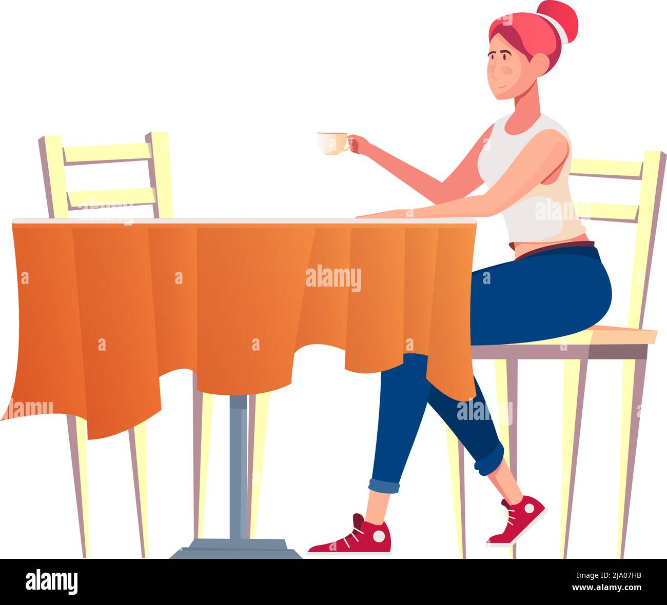Conoscenza composizione romantica con ragazza seduta da sola al tavolo caffè bere illustrazione vettoriale caffè Illustrazione Vettoriale