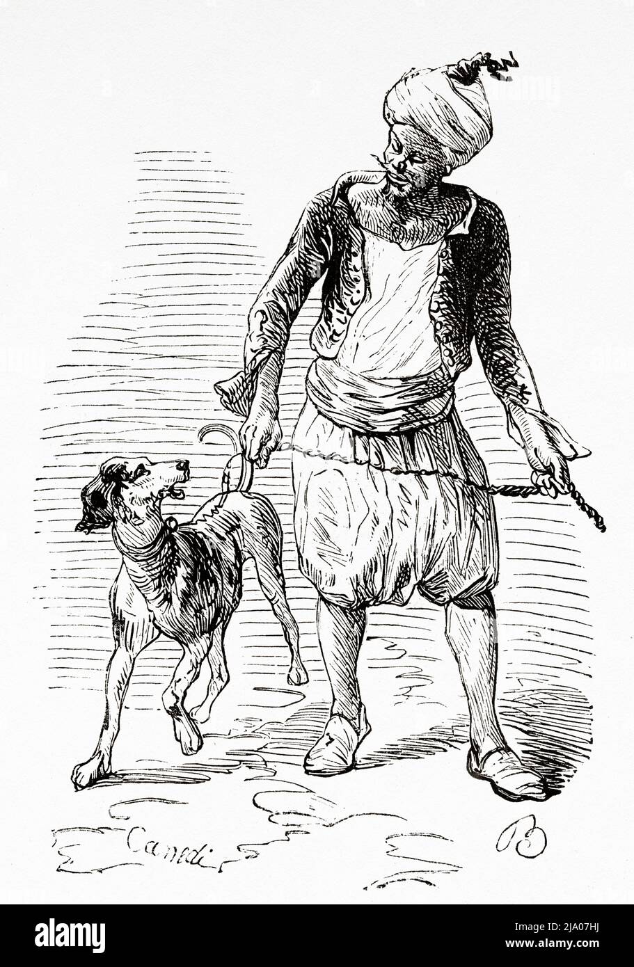 Uomo marocchino che cammina un cane, Marocco. Nord dell'Africa. Marocco di Edmondo de Amicis 1875. Le Tour du Monde 1879 Foto Stock
