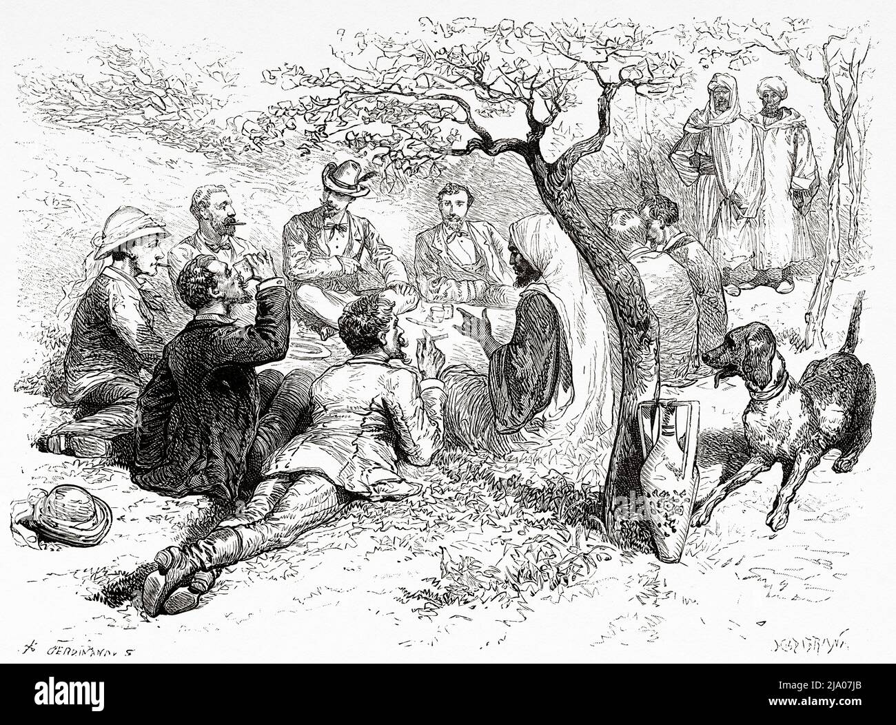 Pranzo nel giardino del governatore ben-Aouda, Marocco. Nord dell'Africa. Marocco di Edmondo de Amicis 1875. Le Tour du Monde 1879 Foto Stock