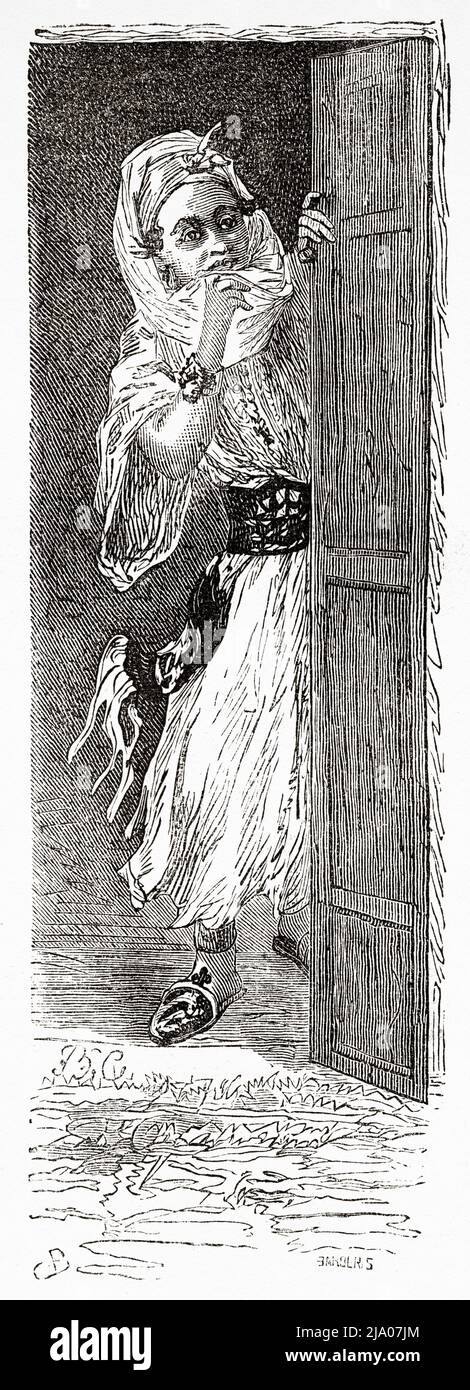 La figlia del governatore Bu-Bekr-ben-El-Abbassi si affacciò sulla porta della sua casa, il Marocco. Nord dell'Africa. Marocco di Edmondo de Amicis 1875. Le Tour du Monde 1879 Foto Stock