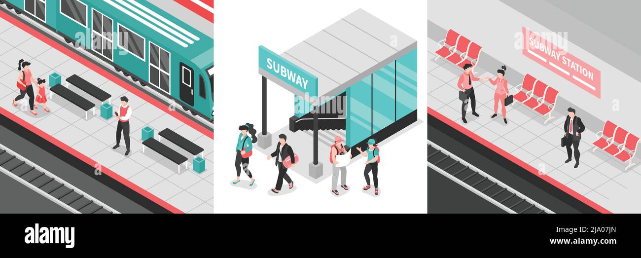 Concetto di design isometrico della metropolitana con vista delle aree della stazione metropolitana con ingresso persone e piattaforme illustrazione vettoriale Illustrazione Vettoriale